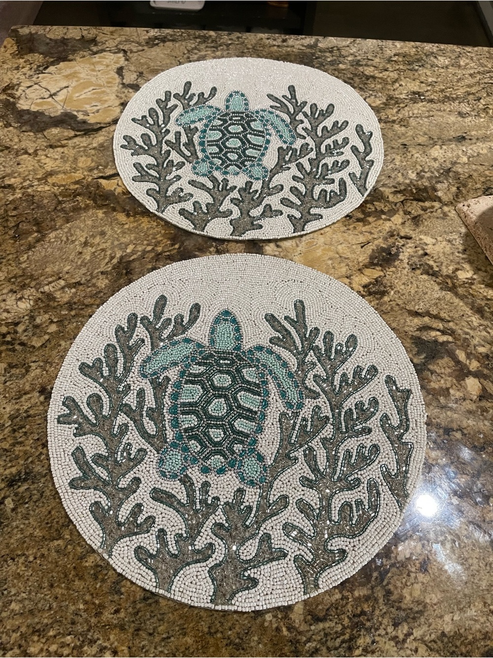 Tahari Home Beaded Charger/Placemats Set of 2- coastal sea turtle! Brand New!
